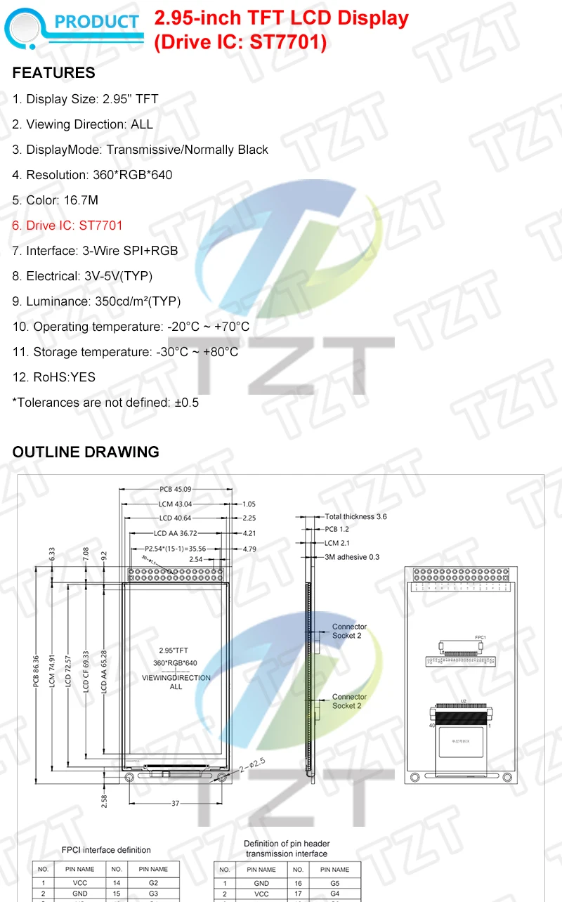 TZT 2,95 Zoll TFT LCD Modul 360x640 ST7701 SPI RGB Schnittstelle Displaybildschirm 3,3V 5V für Raspberry Pi – Detail 1