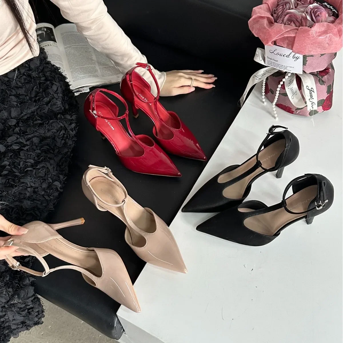 Sexy Red High Heels Women Pointed Toe Party Dress Shoes T-Strap Patent Leather Elegant Slingback Thin Heels Female Sandals Women