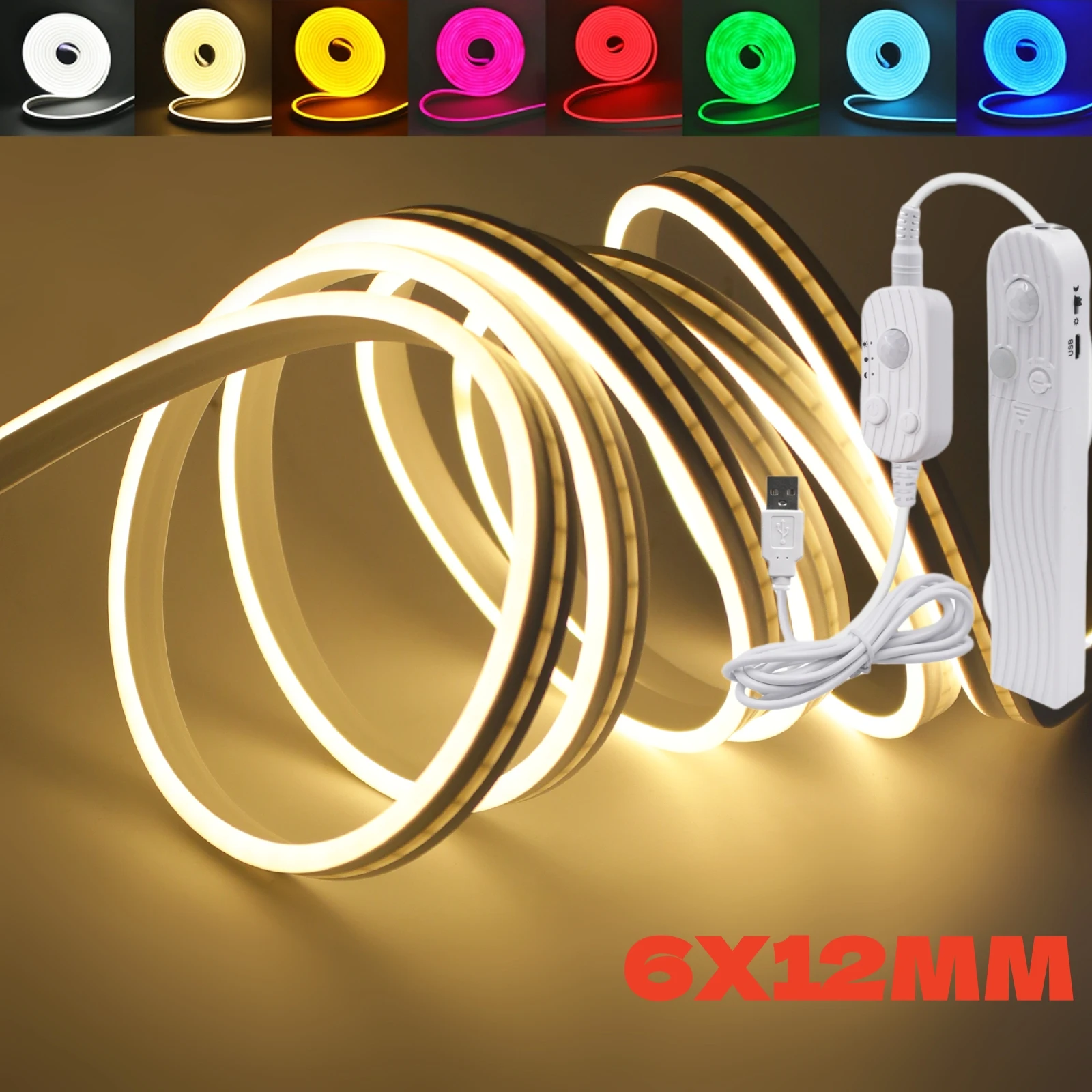 5V 2835 120LEDs/m Neon LED Strip Light With PIR Motion Sensor Switch IP67 Waterproof Flexible Rope Lamp 6X12MM Tape Ribbon