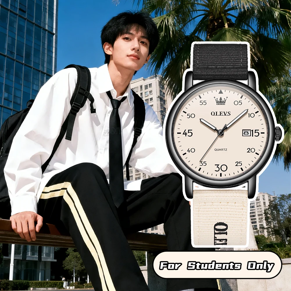 OLEVS 2997 Unisex Student Quartz Watch Nylon Strap Date Window Red Number Dial Wristwatch for Men Women Teens