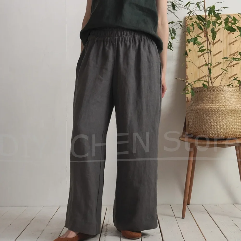 Chic Women Linen 2 Piece Suit Set Round Neck Button Front Jacket And Wide Leg Pants Casual Summer Office Loose Fit Outfit