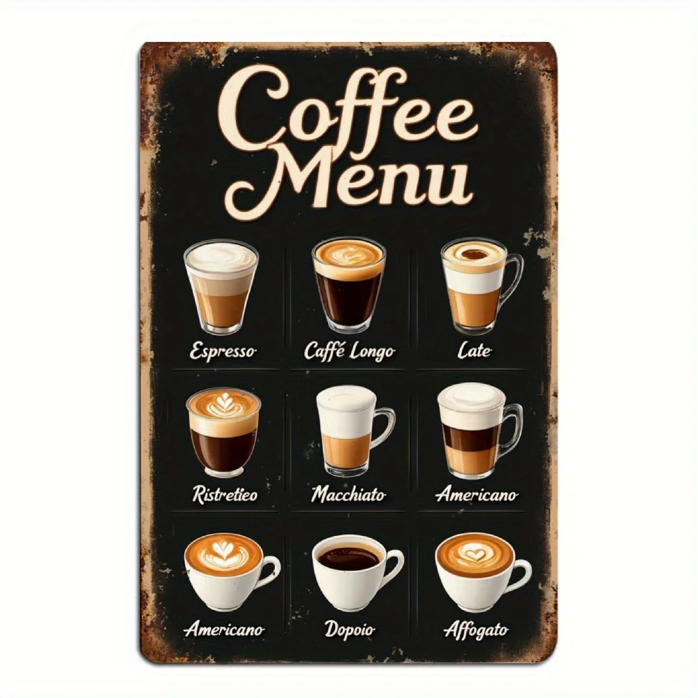 2D Flat- A 2D Flat Metal Tin Sign with a Black Vintage Print Design Measuring 20X30 cm, Suitable for Decorating a Coffee Shop