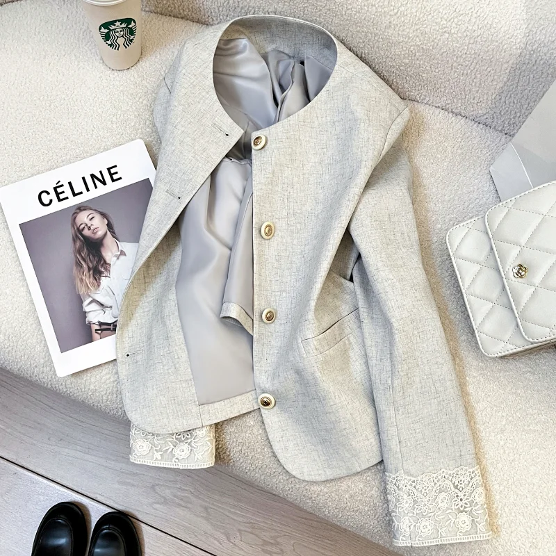 

Бежевое элегантное маленькое короткое пальто с ароматом, женское кружевное шитье, французское высокое качество, офисное женское милое модное свободное женское пальто