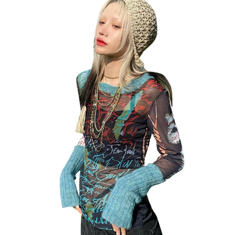 Drucken Y2k Zubehör Crop Top Frauen Kleidung Lange Ärmeln Grafik T Hemd Oansatz Gothic Ästhetischen T-shirt Pullover Ropa De Mujer – Detail 8
