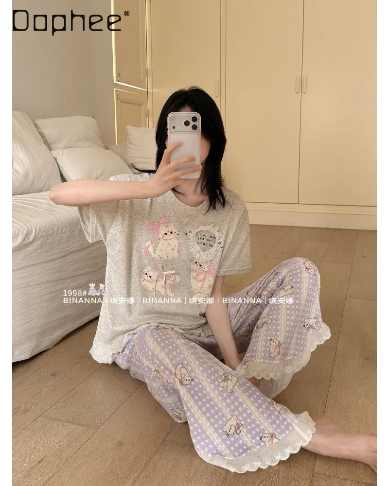 Sweet Cute Cartoon Printed Pajamas Set Lace Hollow Round Neck Ruffle Edge Loose Casual Top Shorts Two-piece Set Women's Homewear