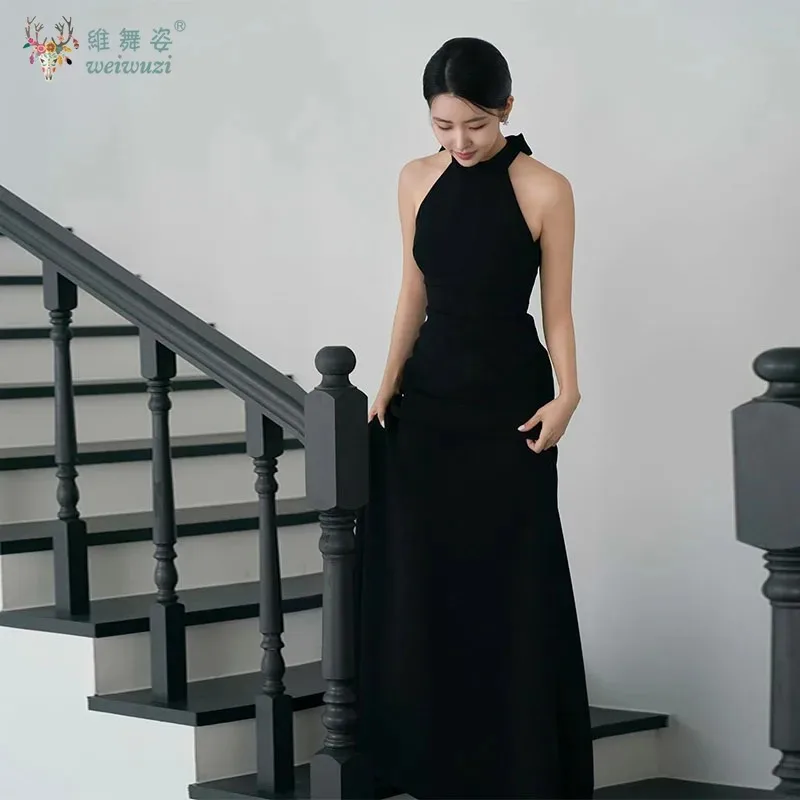 

Korean Style Neck Hanging Off Shoulder A Line Birthday Party Evening Dresses Sweet Bow Backless Simple Bridal Engagement Dress