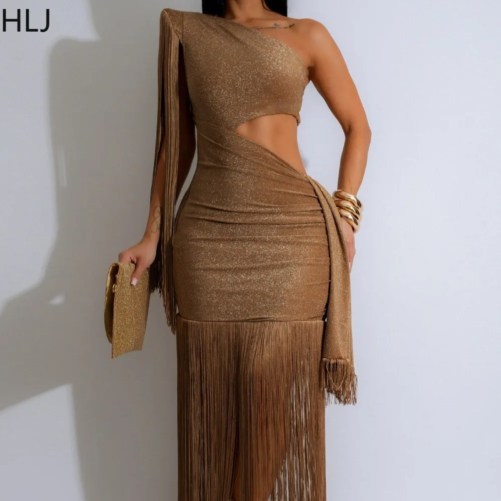 HLJ أنيقة شرابة المرقعة Bodycon فستان طويل بلوزات غير مغطية للكتف طويلة الأكمام الجوف خارج فستان الإناث ليلة حفلة Vestidos جديد