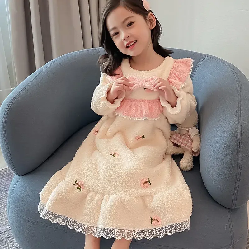 Kids Clothing Baby Girls Night Skirt Princess Winte Autumn New 2023 Thicken Flannel Household Apparel Solid Color Lace Bowknot