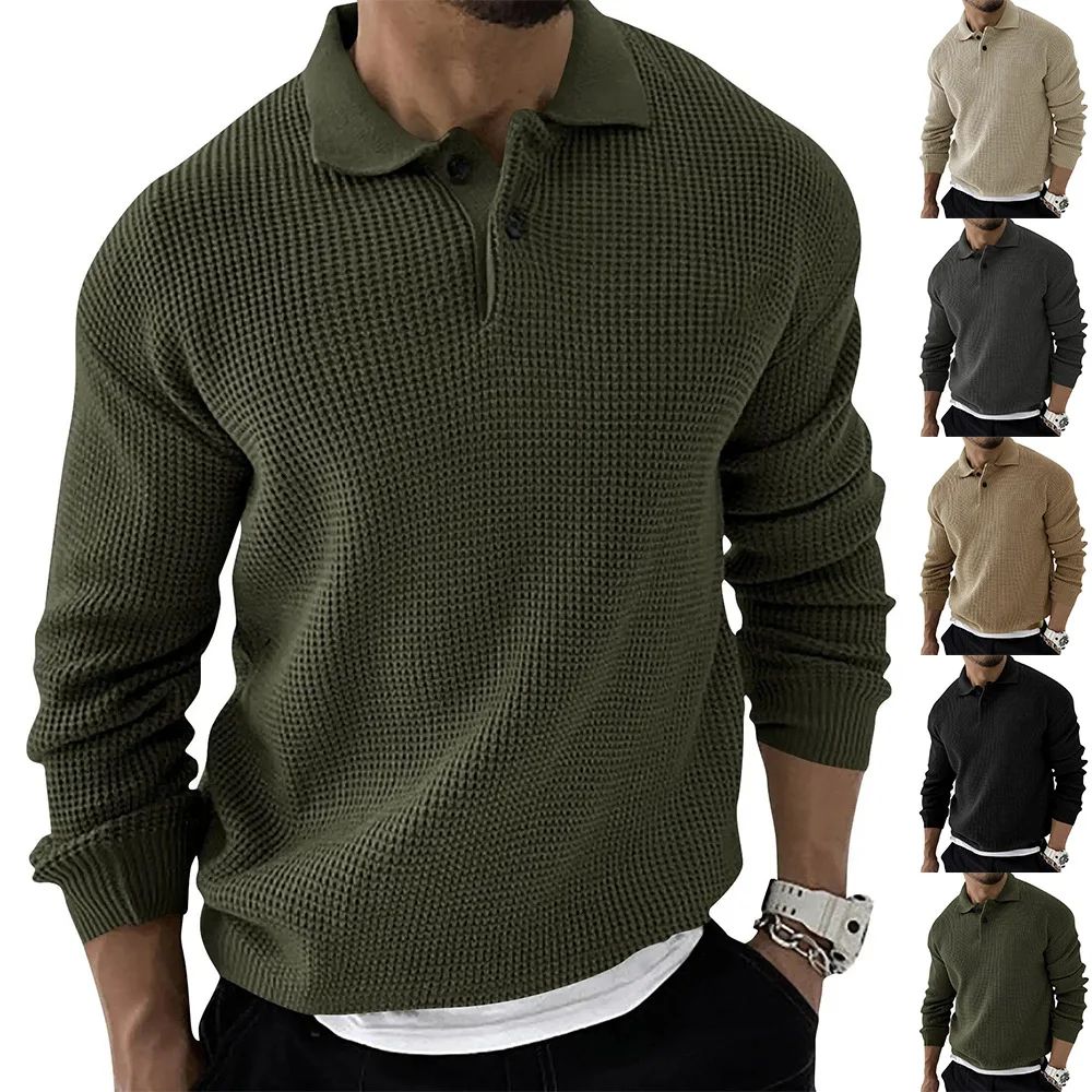 

Autumn Winter Men's Knitted Sweater Lapel irts round Ne Long Sve Youthful Vitali Sle Overhead Wearing
