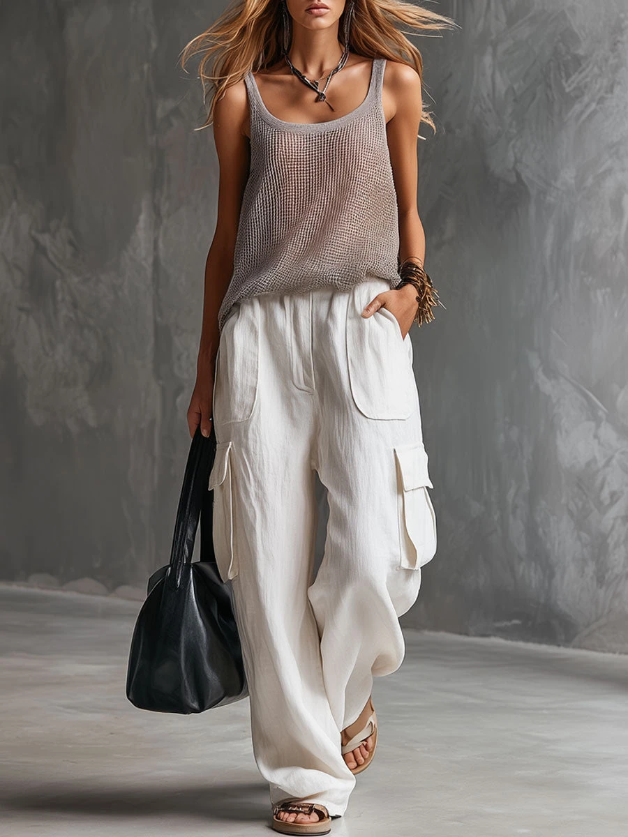 Summer Women's Pleated Work Pants Solid Color Simple High Waist Multi Pocket Loose Wide Leg Casual Pants