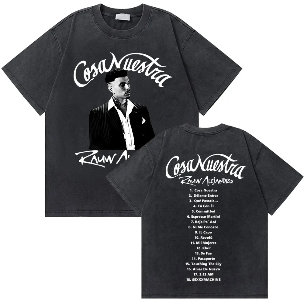 

Rapper Rauw Alejandro Cosa Nuestra Washed Vintage T-shirt Men Women Hip Hop Fashion Pop Music T-shirts Men's Oversized T Shirts