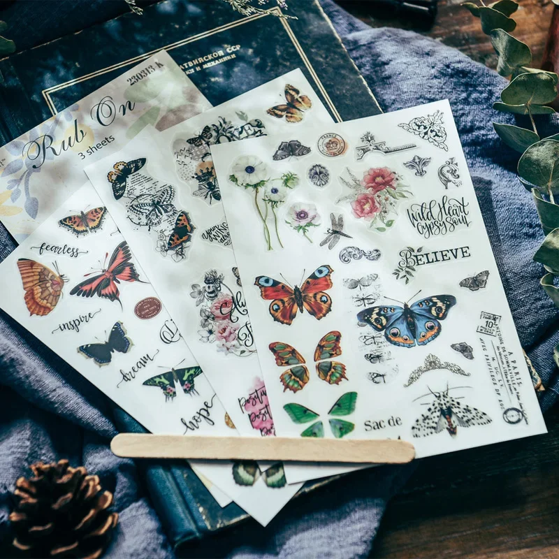 3 Sheet Vintage Butterfly RUB ON Transfer Stickers Junk Journal Craft Collage Decorative Sticker DIY Album Scrapbooking Material