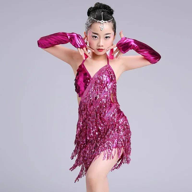 Kind Kind Kinder professionelles lateinamerikanisches Tanzkleid für Mädchen Gesellschaftstanz Kleider für Kinder rote Pailletten Fransen Salsa Quaste