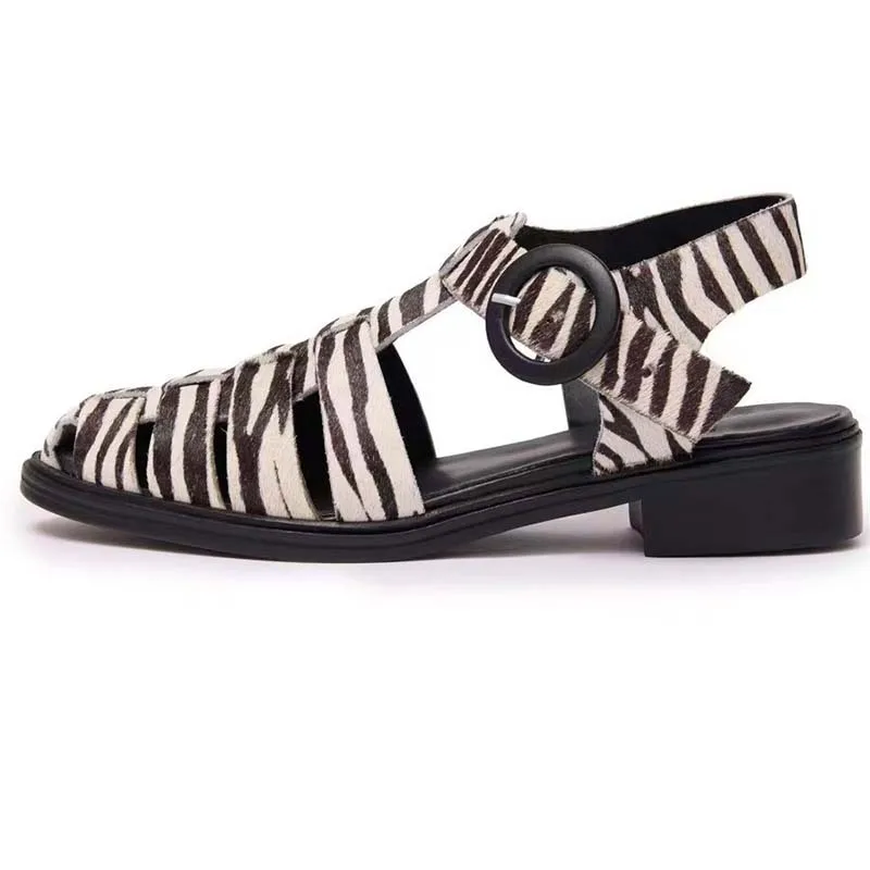 

Round-Toe Flat Leopard Print Hollow Sandals Fashionable Large-Size Casual Women Shoes Comfortable Breathable Buckle Mules