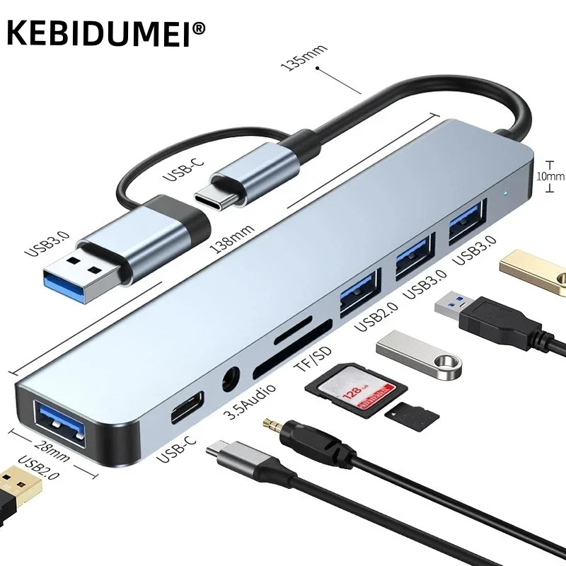 8 IN 1 USB C Hub to 3.5mm Jack Earphone Adapter Type C to USB 3.0 2.0 SD TF Card Reader Docking Station For Macbook Huawei