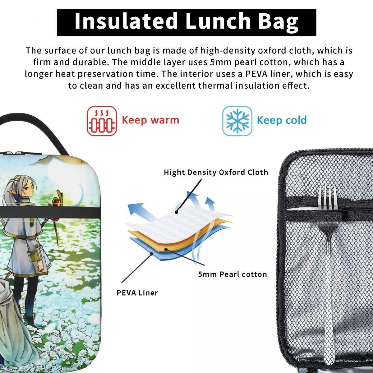 Sousou No Frieren Having Fun Сумка для обеда для женщин Ланч-бокс с принтом Kawaii Школьная сумка-холодильник Портативная оксфордская термосумка-тоут