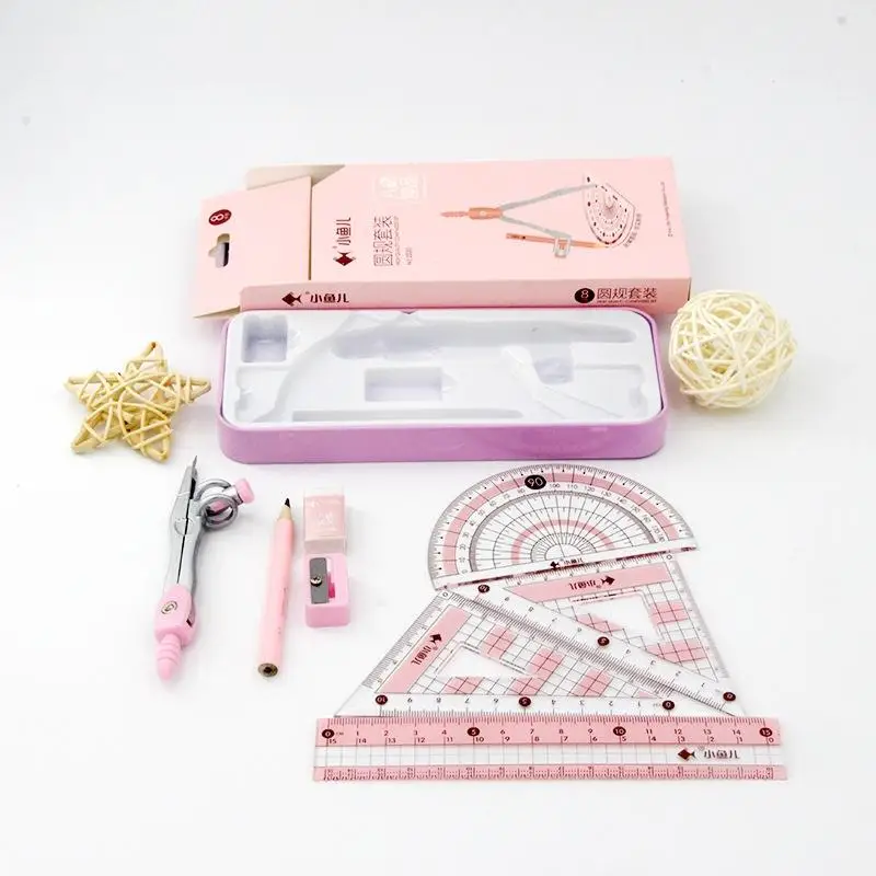 8Pcs/Set Geometry Math Drawing Stationery Set, Ruler Compass Pencil Kit for Students, School Supplies Gift for Boys & Girls