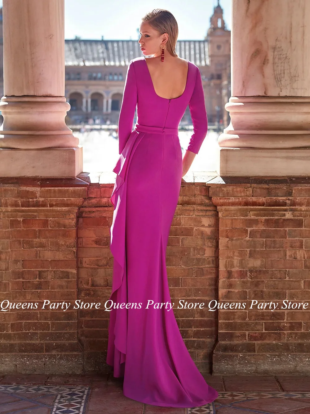 Fuchsia Mother of The Bride Dress Groom's Mom Evening Party Dresses V Neck 3/4 Sleeves High Slit Mermaid Wedding Guest Gown