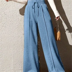 Women's Drawstring High Waist Wide Leg Sports Pants Spring Casual Streetwear Solid Pocket Design Straight Leg Daily Trousers