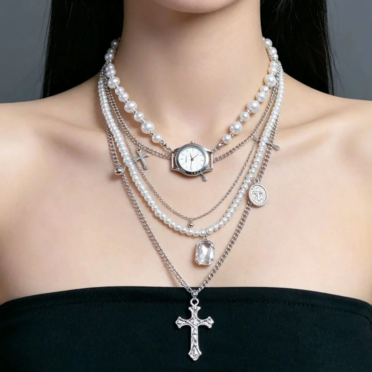 Vintage Multi Layer Pearls Choker Necklace Women Watches Cross Pendant Quartz Watch Gothic Necklaces Jewelry Relogio Feminino