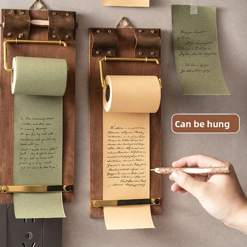 Wind Style Wooden Note Holder, Hanging Retro Board with Blank Roll Paper Non-Adhesive Sticky Notes