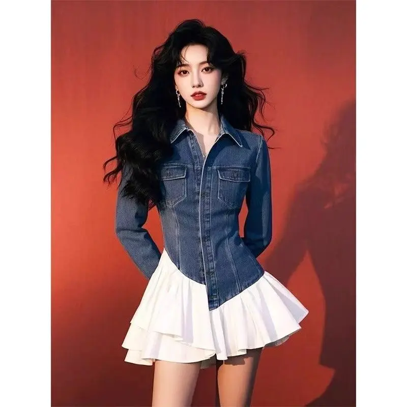 Unique Super Good-looking Temperament Denim Dress Women Spring New Cold Department Fake Two Short Skirts Sell Well in Stores