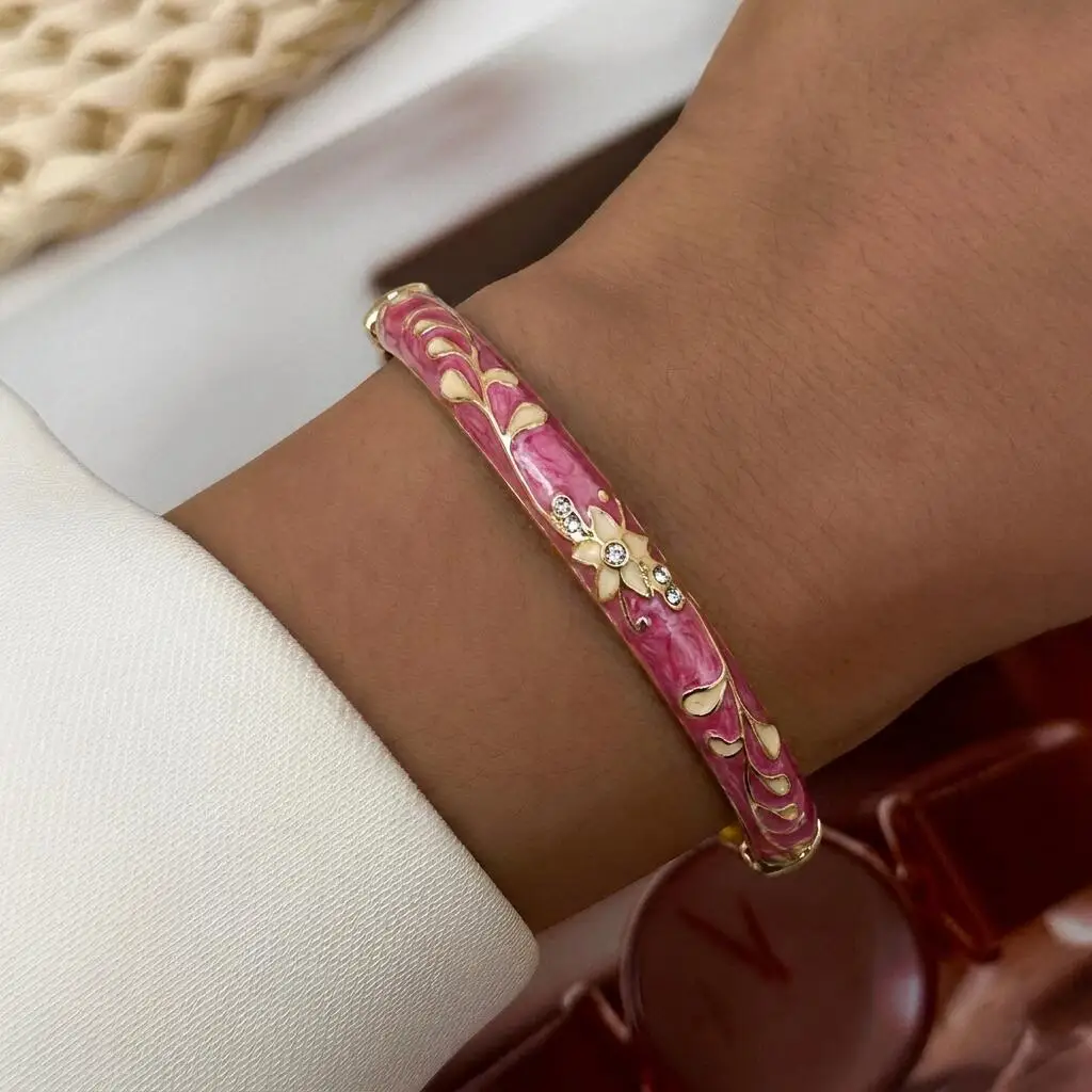 Vintage Enamel Cloisonne Bangle Bracelets For Women Bohemian Ethnic Style Multicolor Floral Pattern Metal Bangles Party Jewelry