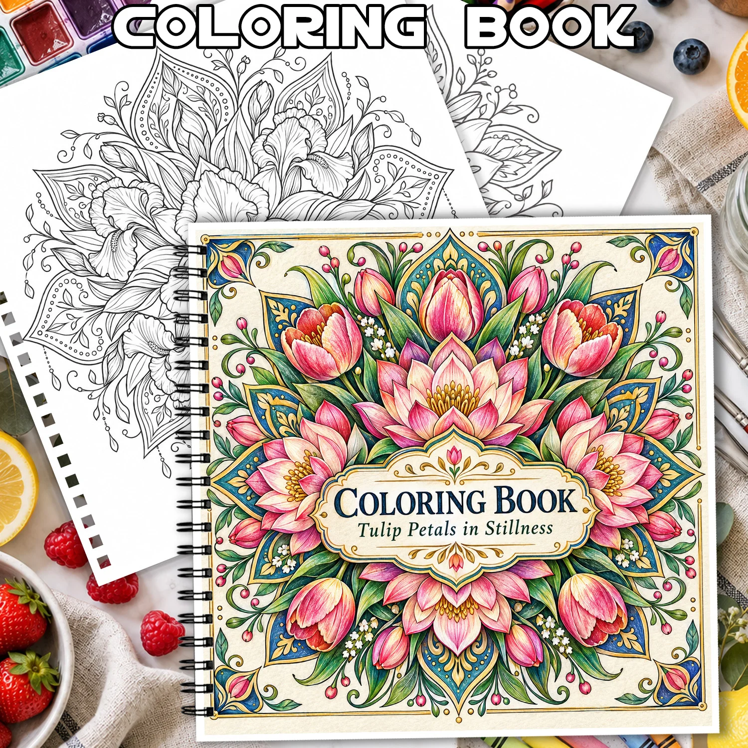 Spiral Binding Coloring Book Tulip Petals Design 24 Sheets For Adults Teens Relieving Stress Showcasing Creativity
