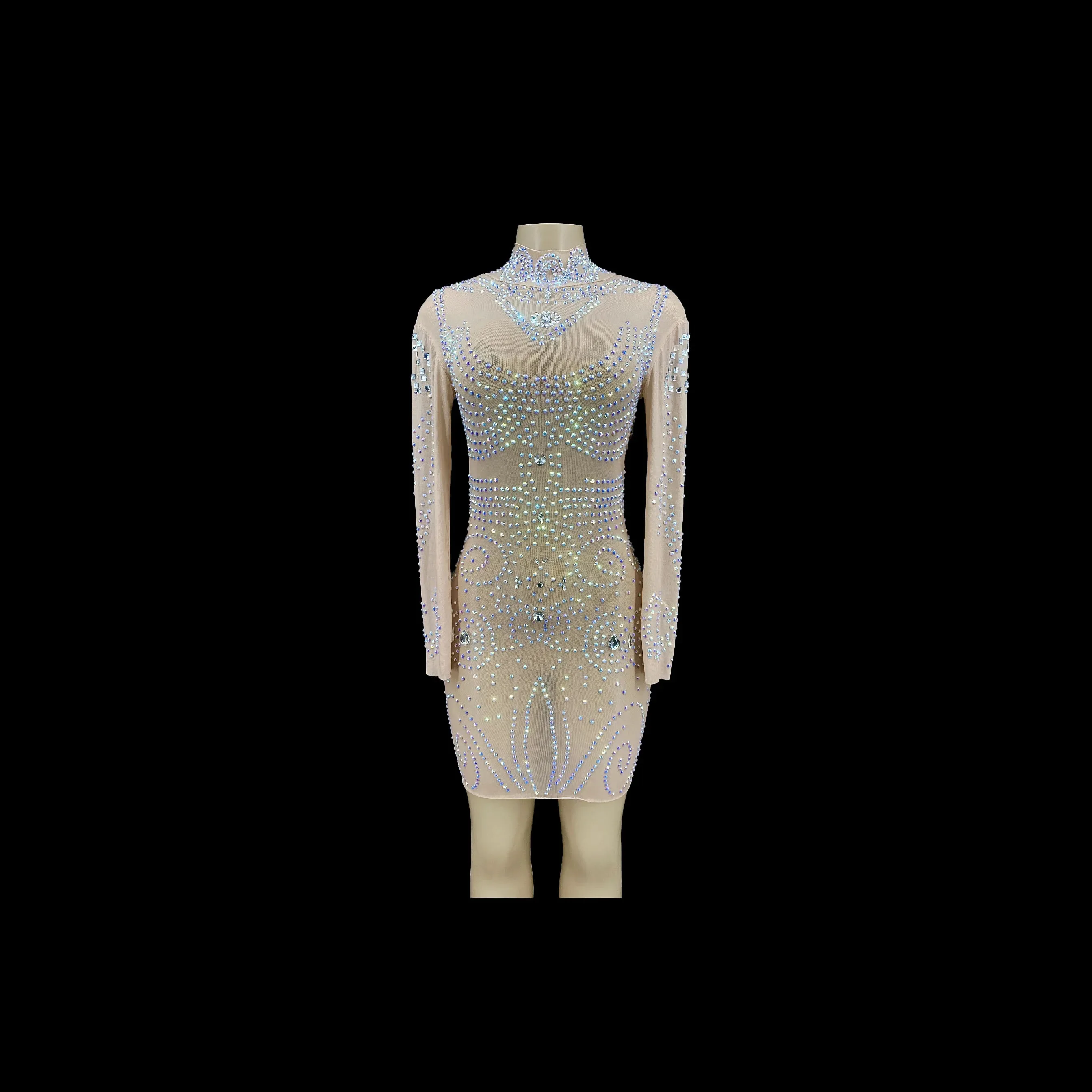 

ZD Dazzling Rhinestone Mesh Dress – Transparent Perspective Costume for Performers