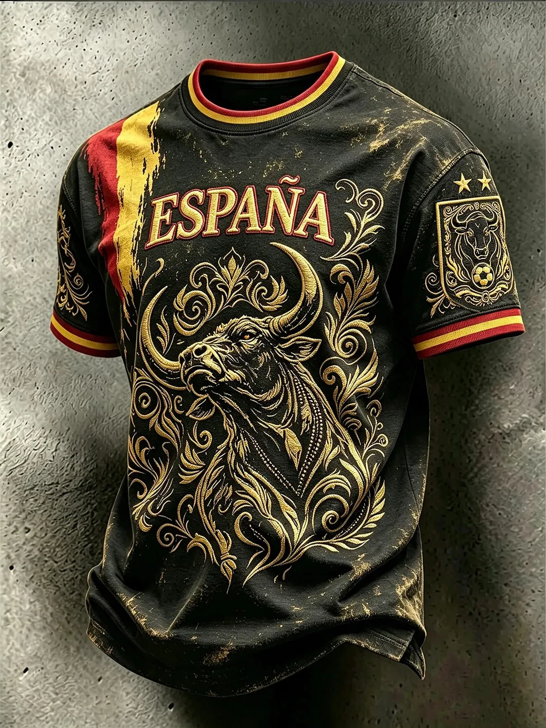 Spain Champions 2026 Men's Football T Shirt Black Gold Bull Graphic Short Sleeve Soccer Fan Jersey Casual Streetwear Top