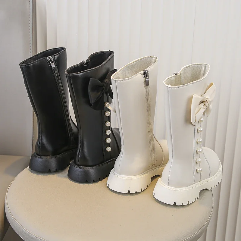

2025 Autumn New Girls Mid-calf Boots Princess Style Big Bows Kids Long Boots Round Toes Children Fashion Boots Side Zipper