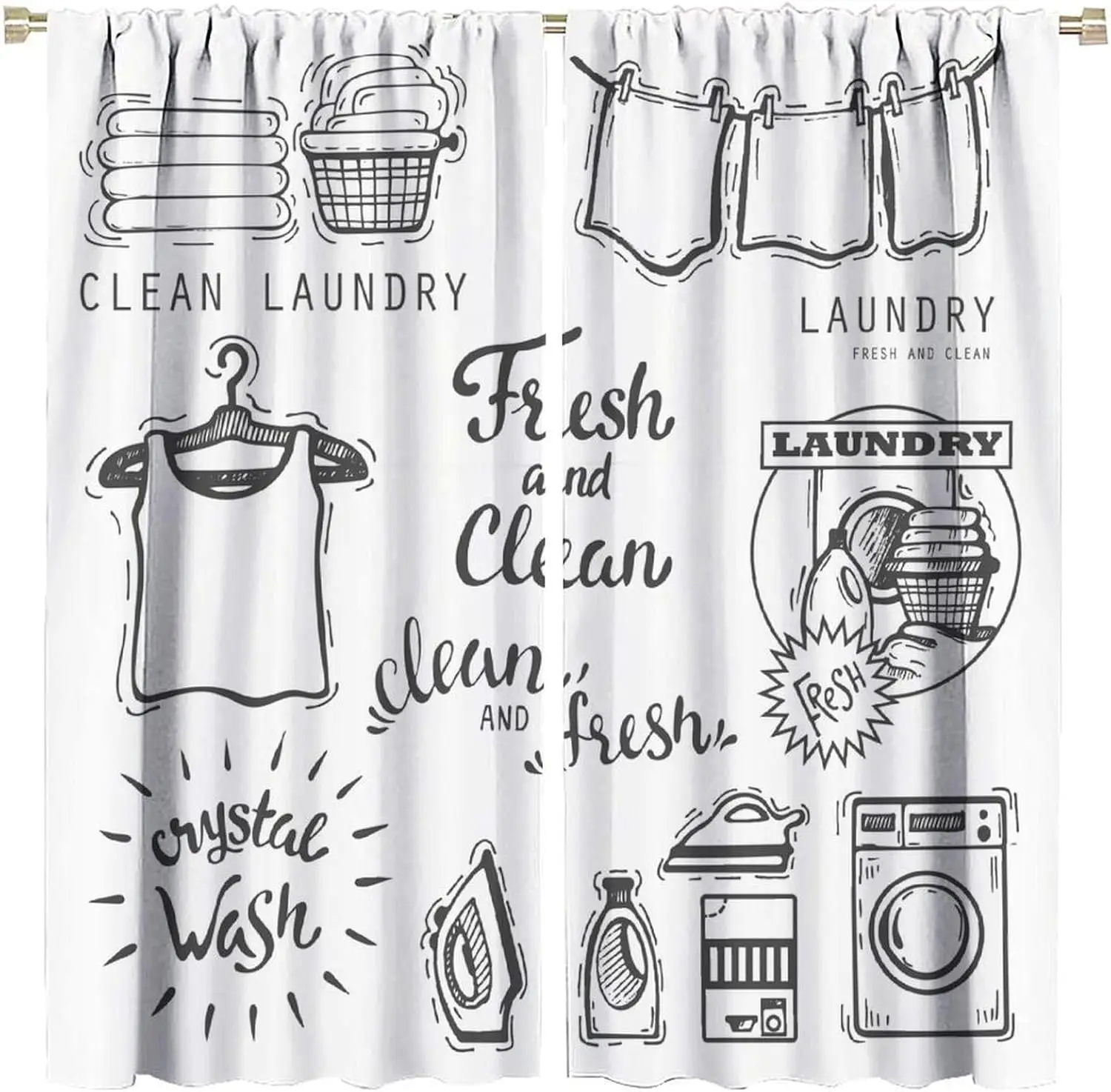 Black White Sketch Laundry Blackout Curtain 2 Panels Clean Wash Clothing Print Window Drape Practical Household Laundry Space