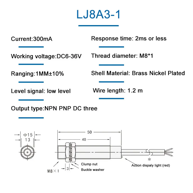 M8 Two Wires Three Wires NPN PNP NO NC LJ8A3 1mm Sensing Distance DC 6-36V AC36V 90-250VMetal Induction Proximity Switch Sensor