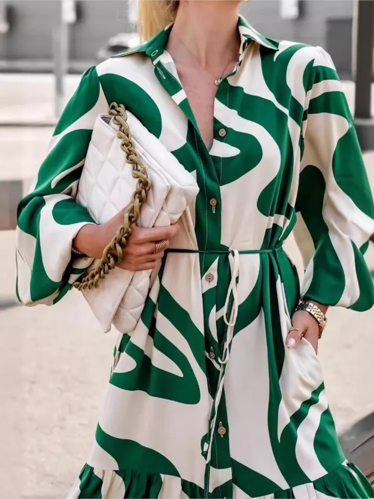 Woman's Casual Print Long Dress Autumn Female Fashion Turn-down Collar Long Sleeve Button Shirt Dresses Ladies Lace-up Vestido