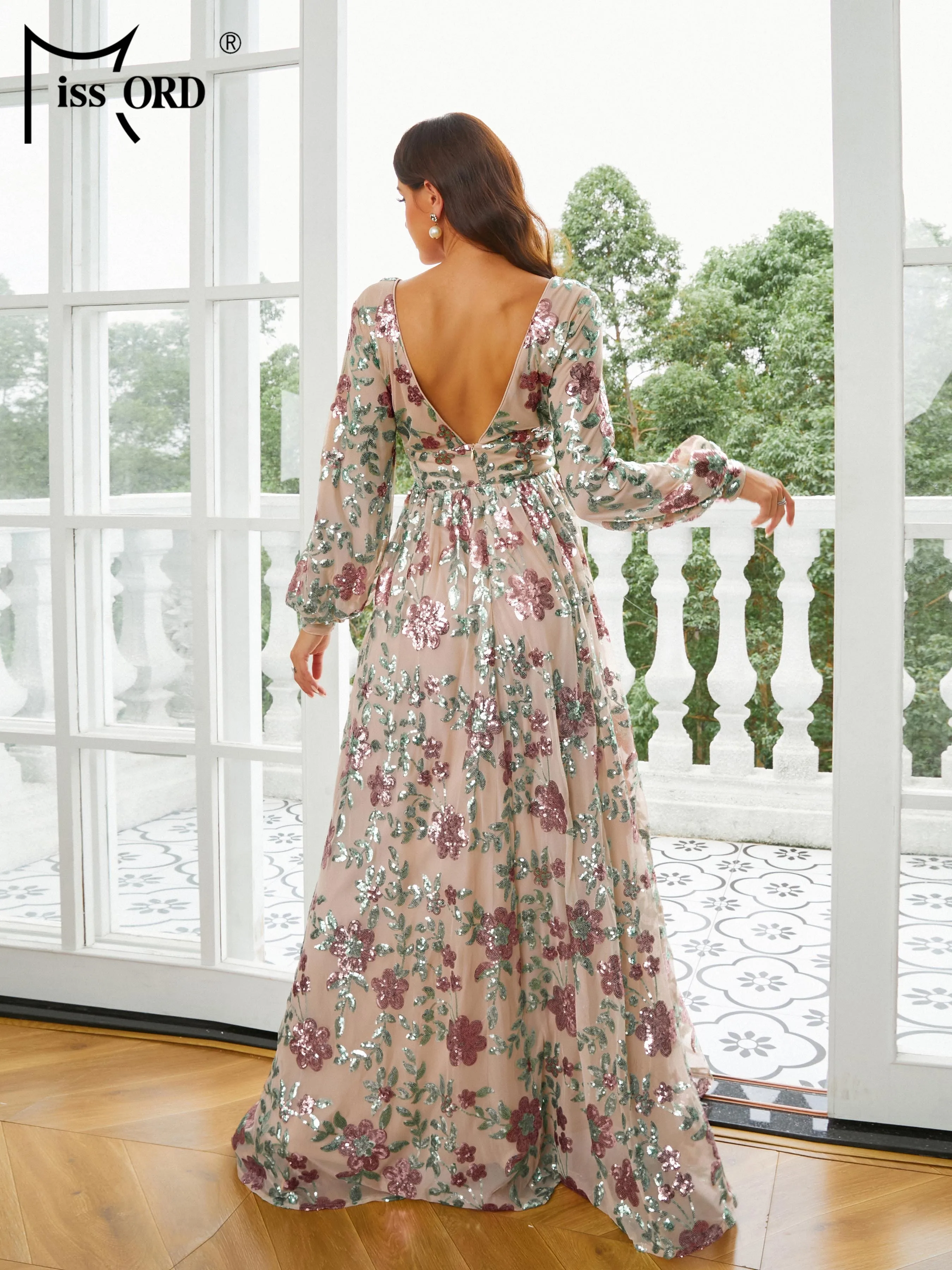 Missord 2024 New Elegant Comfortable Long Sleeved V Neck A Line Floral Floor Length Party Evening Prom Dress