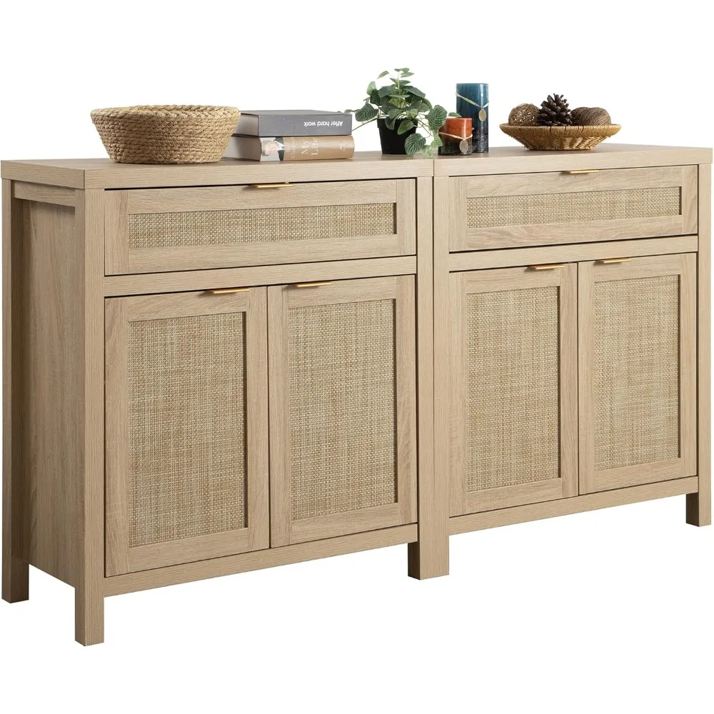 

Rattan Buffet Cabinet Set Duo, Bohemian Style Console Table with Storage, Doors and Drawers Accent Furniture
