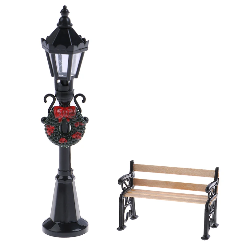 Miniature Street Lamp Post LED Lights Christmas Park Bench & Streetlight Micro Landscape Fairy Garden Ornament Dollhouse Decor
