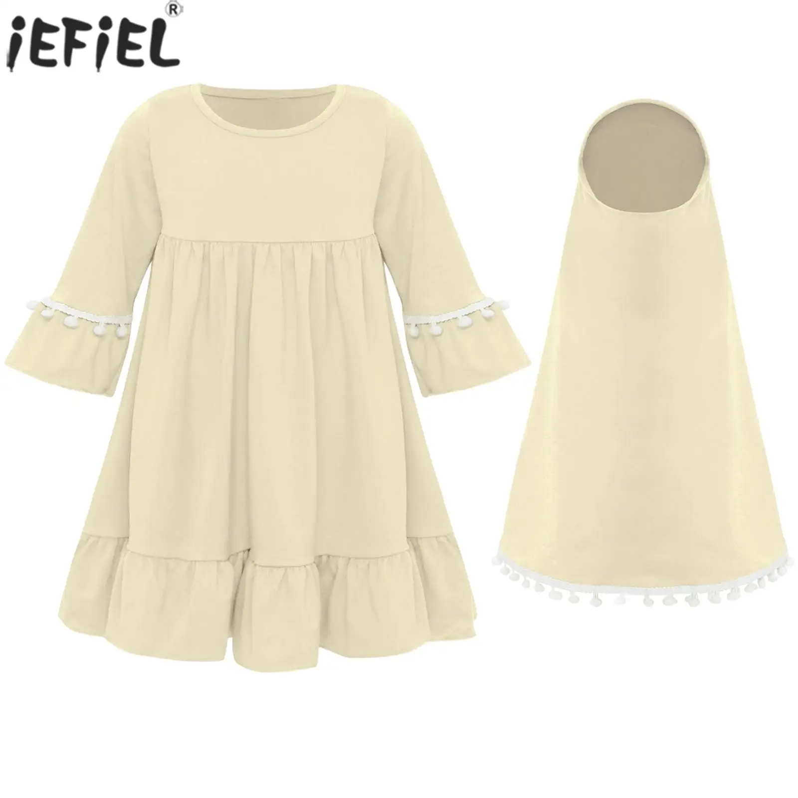 

Baby Girls Muslim Gown Long Flared Sleeve Little Plush Balls Tassels Dress with Hijab Head Scarf for Ramadan Eid Prayer Clothes