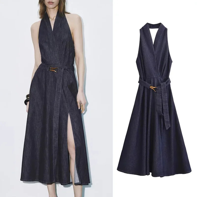 

Fangokv 2025 Summer New Retro Blue Denim Backless Dress Women Fashion Vintage Style Cowl Neck Long Dress