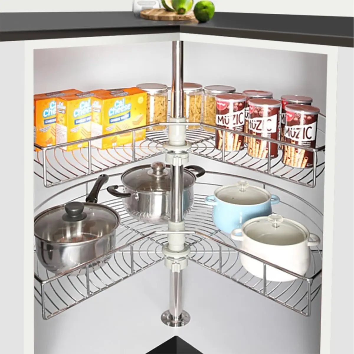 

Gdrasuya10 Угловой органайзер для шкафа с 2 полками Lazy Susan, 28 дюймов Kidney Chrome Lazy Susan Органайзер для хранения кухонного шкафа 270 ° Тур