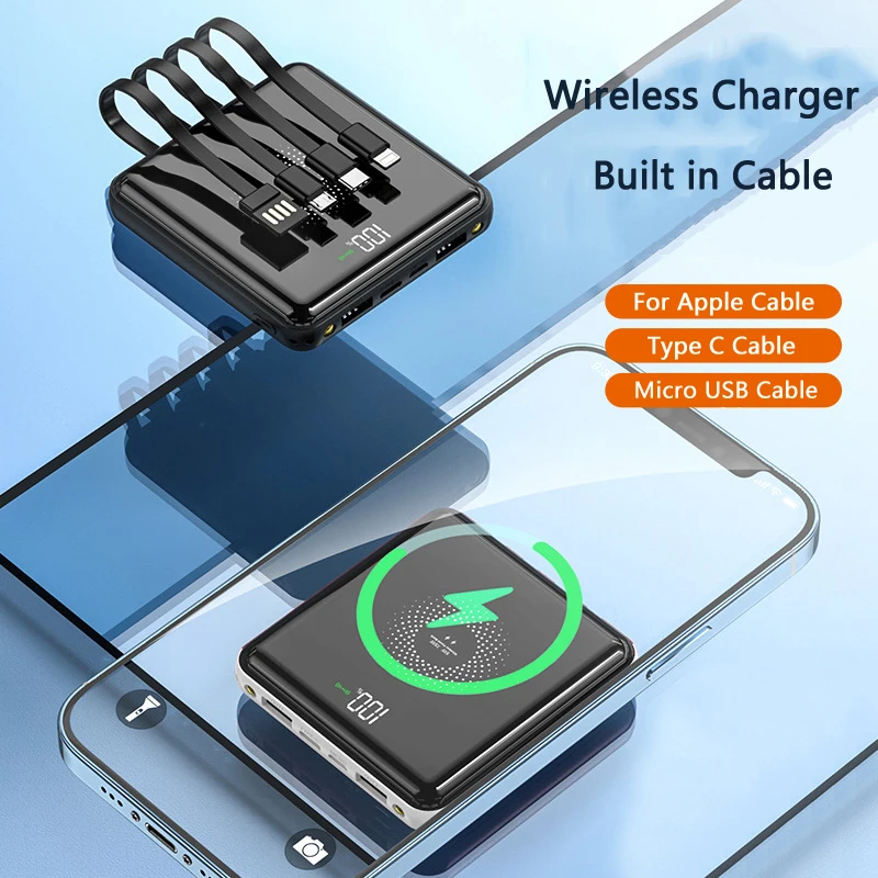 

Mini Power Bank 20000mAh 15W Fast Wireless Charger Powerbank Built in Cable for iPhone 16 15 Samsung S24 Huawei Xiaomi Poverbank