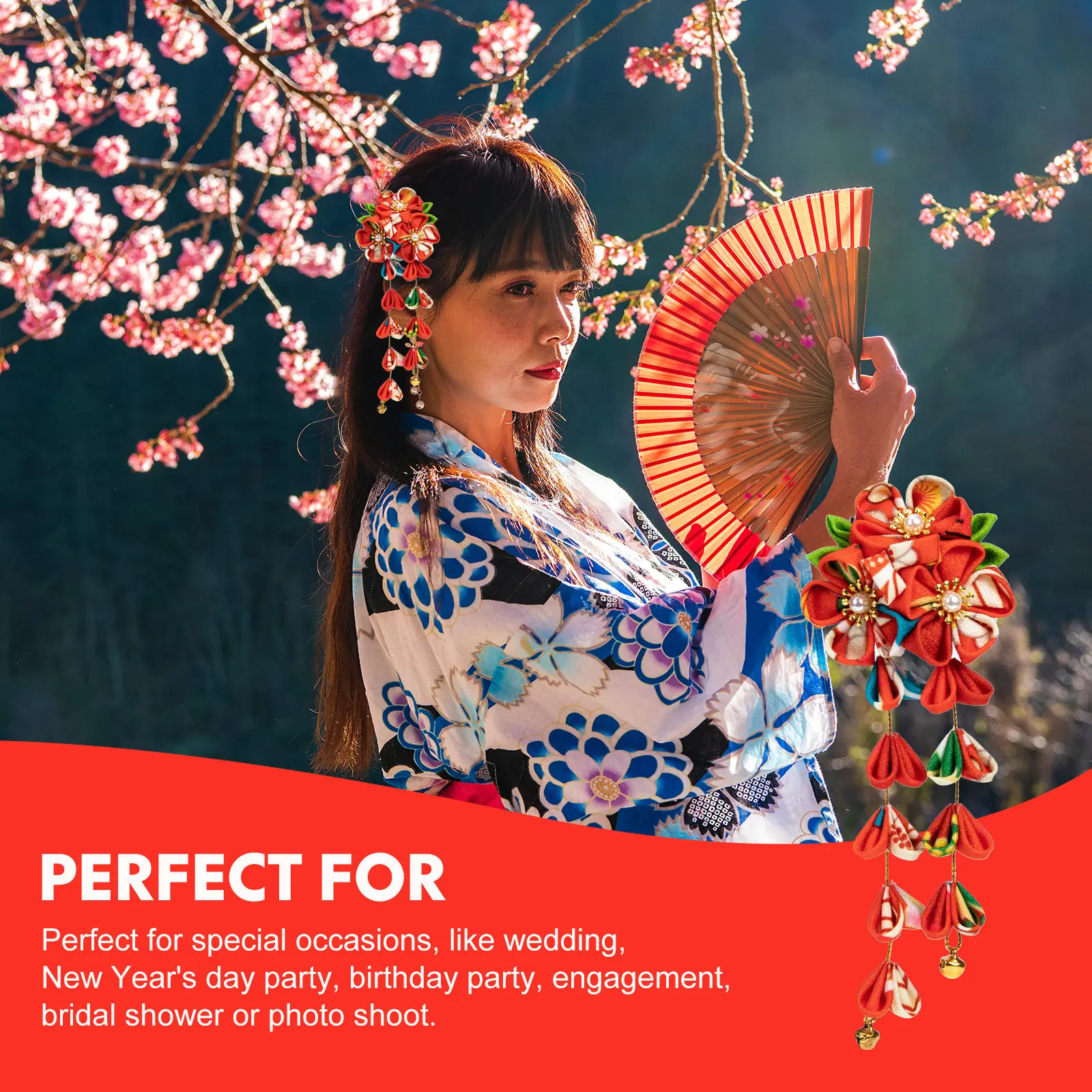 2Pcs Elegant Japanese Style Flower Fan Hairpins with Tassels Lightweight Secure Hold Hair Accessories for Daily Use Special