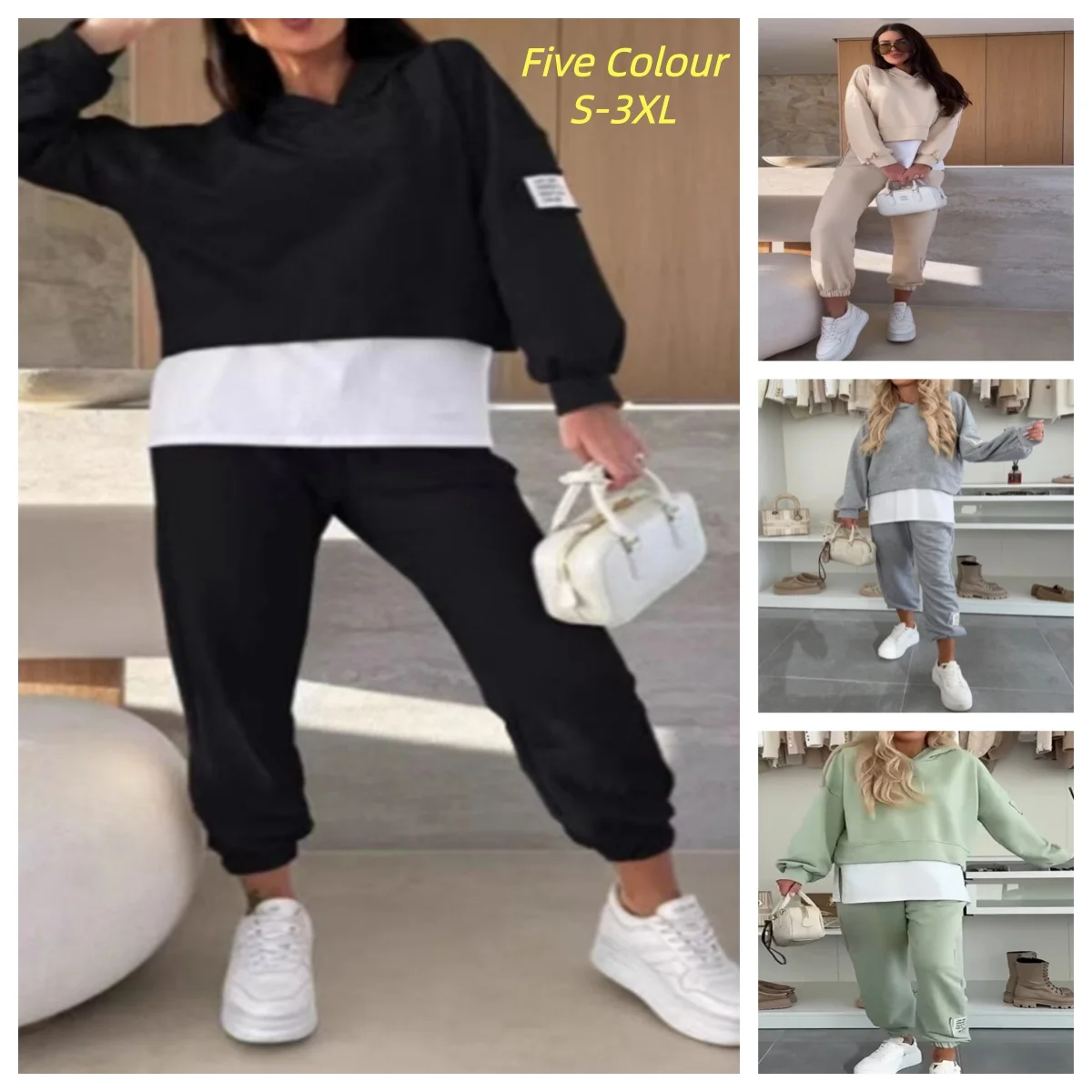 

Женский спортивный костюм-двойка: худи с капюшоном и прямые брюки на резинке, однотонный, с длинным рукавом, для осени и весны 2026