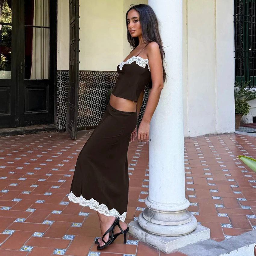 Linad Casual Lace Long Skirts Suits Sexy Crop Top Spaghetti Strap Vest With High Waist Skirt 2 Piece Sets Women 2026 Spring image 4
