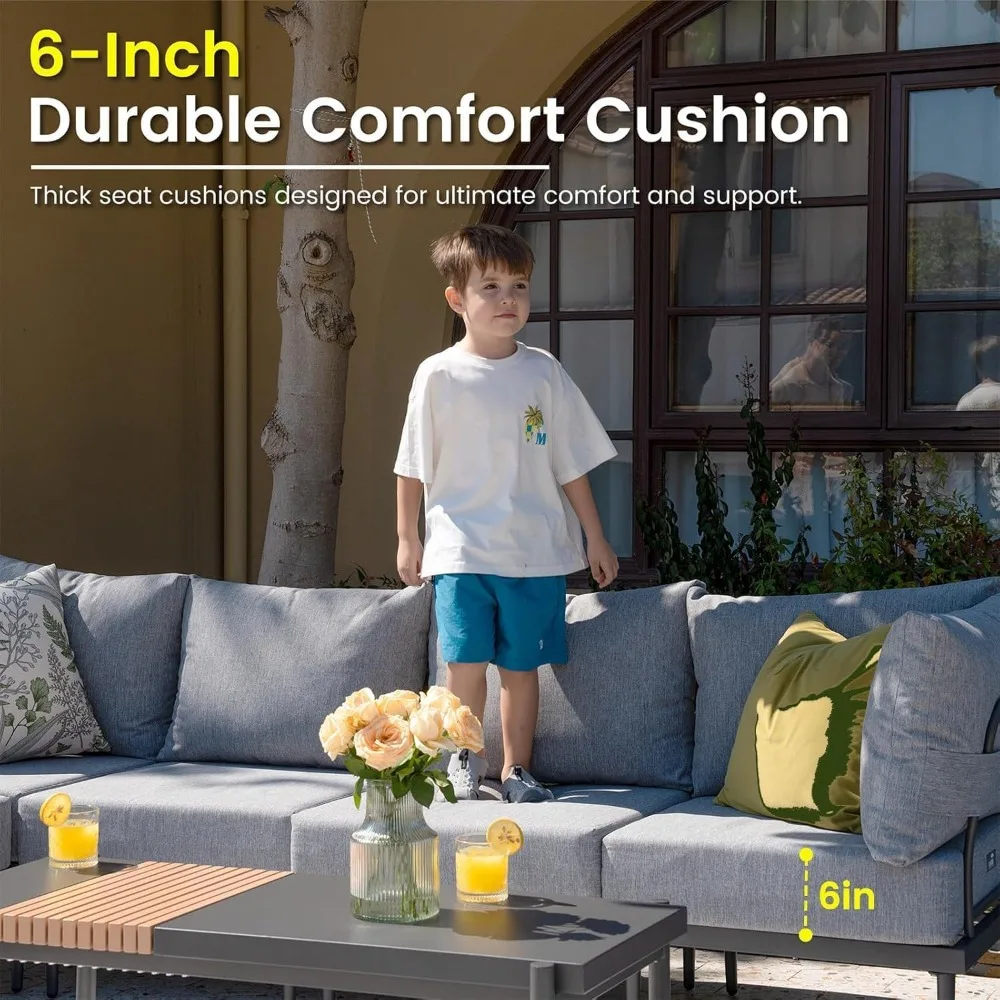 Ensemble de meubles de Patio 5 pièces avec Table de foyer, canapé sectionnel extérieur en métal avec 6 coussins en oléfin, ensembles d'extérieur modernes