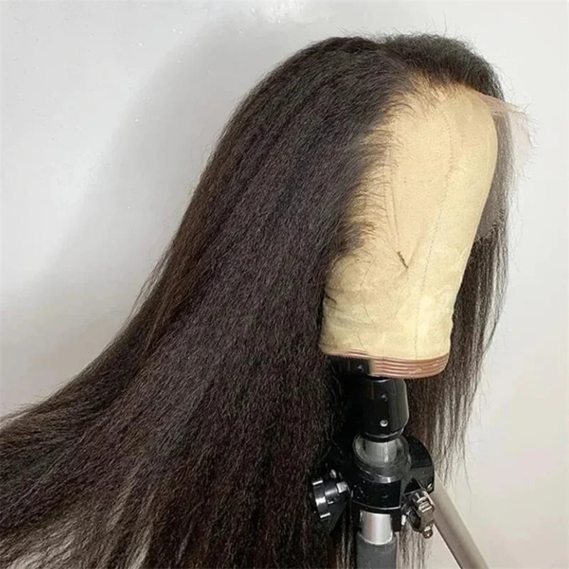 Peluca frontal de encaje liso sin pegamento para mujer, pelo de bebé prearrancado, resistente al calor, 26 "de largo, negro, Yaki, suave, 180de densidad