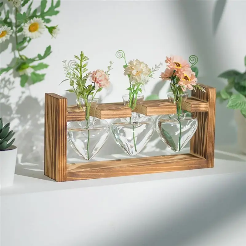PORK-Glass Propagation Station For Plants: Vintage Vases Decoration With Wooden Frame Set For Living Room Office Shelf