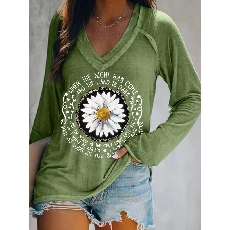 Ilstile Women's Hippie Flower Print T-Shirts Spring Summer Long Sleeve Casual Loose V Neck Tops Blue Green Tees NEW view 4