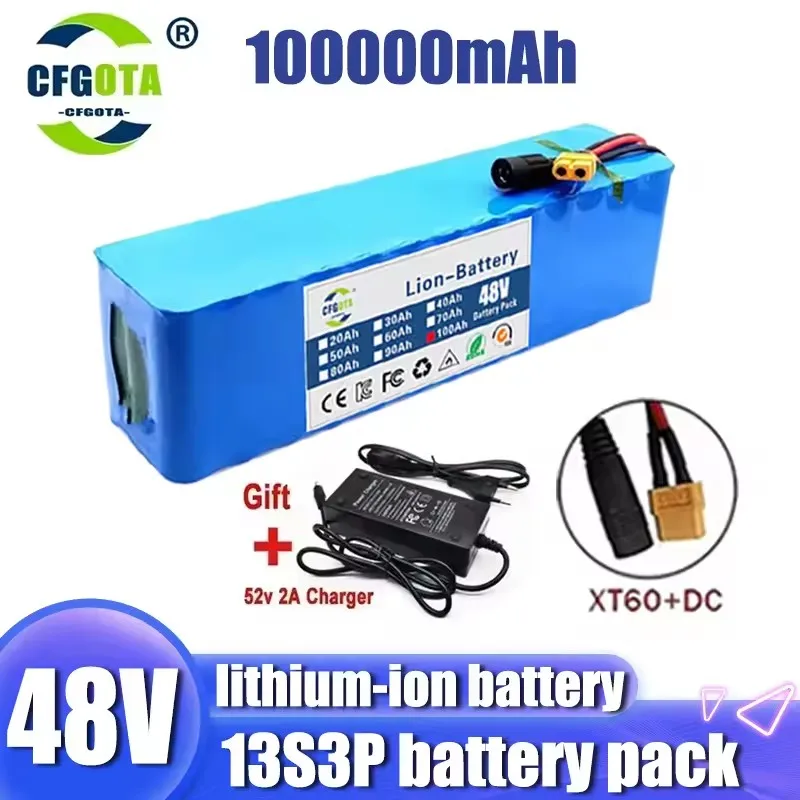 NEW 48V lithium-ion battery pack 100Ah 500W 750W 1000W 2000W 13S3P XT60+DC with 54.6V charger