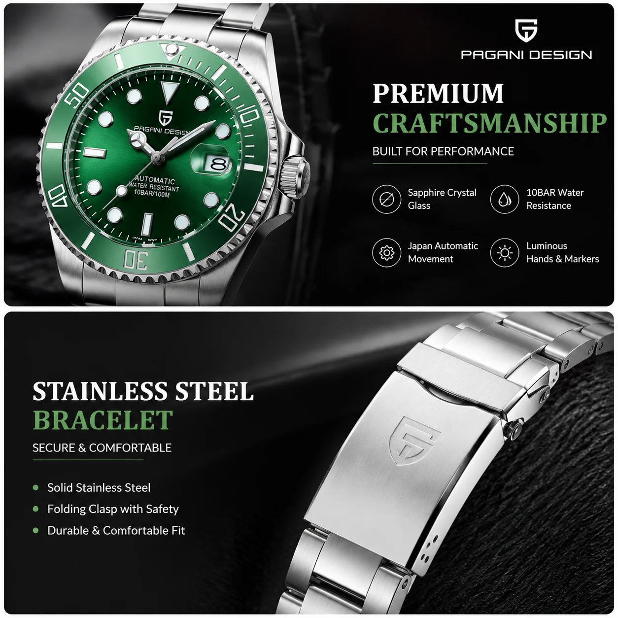 PAGANI 43mm Men's Mechanical Watch Luxury Stainless Steel Diver Watch Sapphire Crystal Luminous Waterproof Busines Wristwatch - view 2